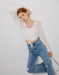 V Neck Sheer Tie Front Button Down Top