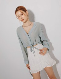 V Neck Sheer Tie Front Button Down Top