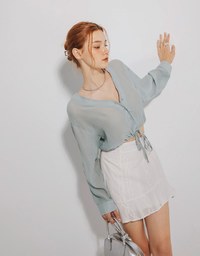 V Neck Sheer Tie Front Button Down Top