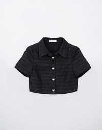 [HXA's Design] Heart Tweed Cropped Jacket Top With Pearl Heart Button H09