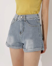 【Den!m LITE】High Waisted Denim Shorts Cuffed Fringe Jeans