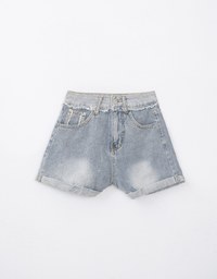 【Den!m LITE】High Waisted Denim Shorts Cuffed Fringe Jeans