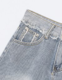 【Den!m LITE】High Waisted Denim Shorts Cuffed Fringe Jeans