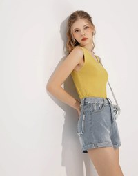 【Den!m LITE】High Waisted Denim Shorts Cuffed Fringe Jeans