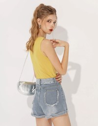 【Den!m LITE】High Waisted Denim Shorts Cuffed Fringe Jeans