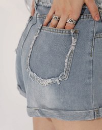 【Den!m LITE】High Waisted Denim Shorts Cuffed Fringe Jeans