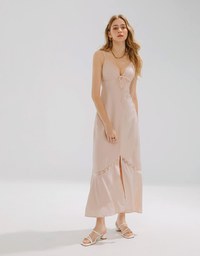 Deep V Tie Strap Lace Panel Maxi Dress