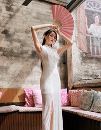 [HXA's Design] Sheer Lace Side Slit Sleeveless Maxi Cheongsam Qipao Dress H04