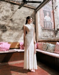 [HXA's Design] Sheer Lace Side Slit Sleeveless Maxi Cheongsam Qipao Dress H04