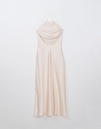 [Mercedes' Design] Satin Hollow Out Low Back Halter Neck Maxi Dress