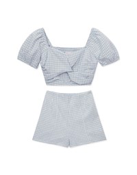 French Plaid Ruched Short Sleeve Set Wear