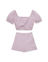 French Plaid Ruched Short Sleeve Set Wear