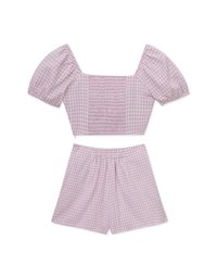 French Plaid Ruched Short Sleeve Set Wear