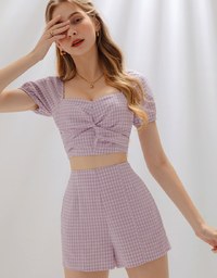 French Plaid Ruched Short Sleeve Set Wear