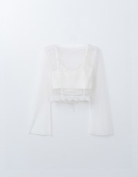 Sheer Tie Up Buttoned Shirt With Thin Strap Cami Padded Top Set Wear