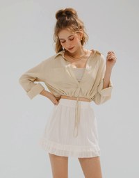 Sheer Drawstring Open Collar Blouse