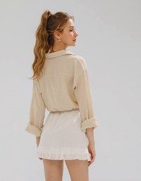 Sheer Drawstring Open Collar Blouse