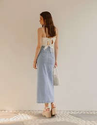 Side Button Slit Jeans Denim Long Skirt