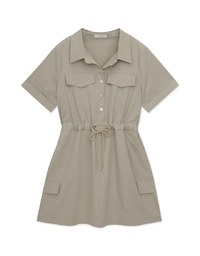 Open Collar Buttoned Drawstring Mini Dress