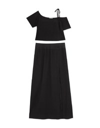 Off Shoulder Ribbed Top And Slit Maxi Skirt Set Wear