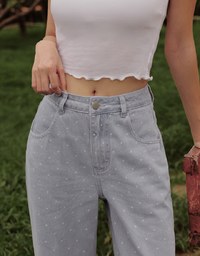 Dotted Fringed High Waist Wide Leg Jeans Denim Pants Culottes