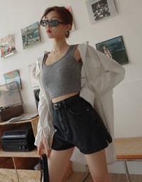 【Den!m LITE】Washed Heart Side Slit Jeans Denim Shorts