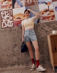 【Den!m LITE】Washed Heart Side Slit Jeans Denim Shorts