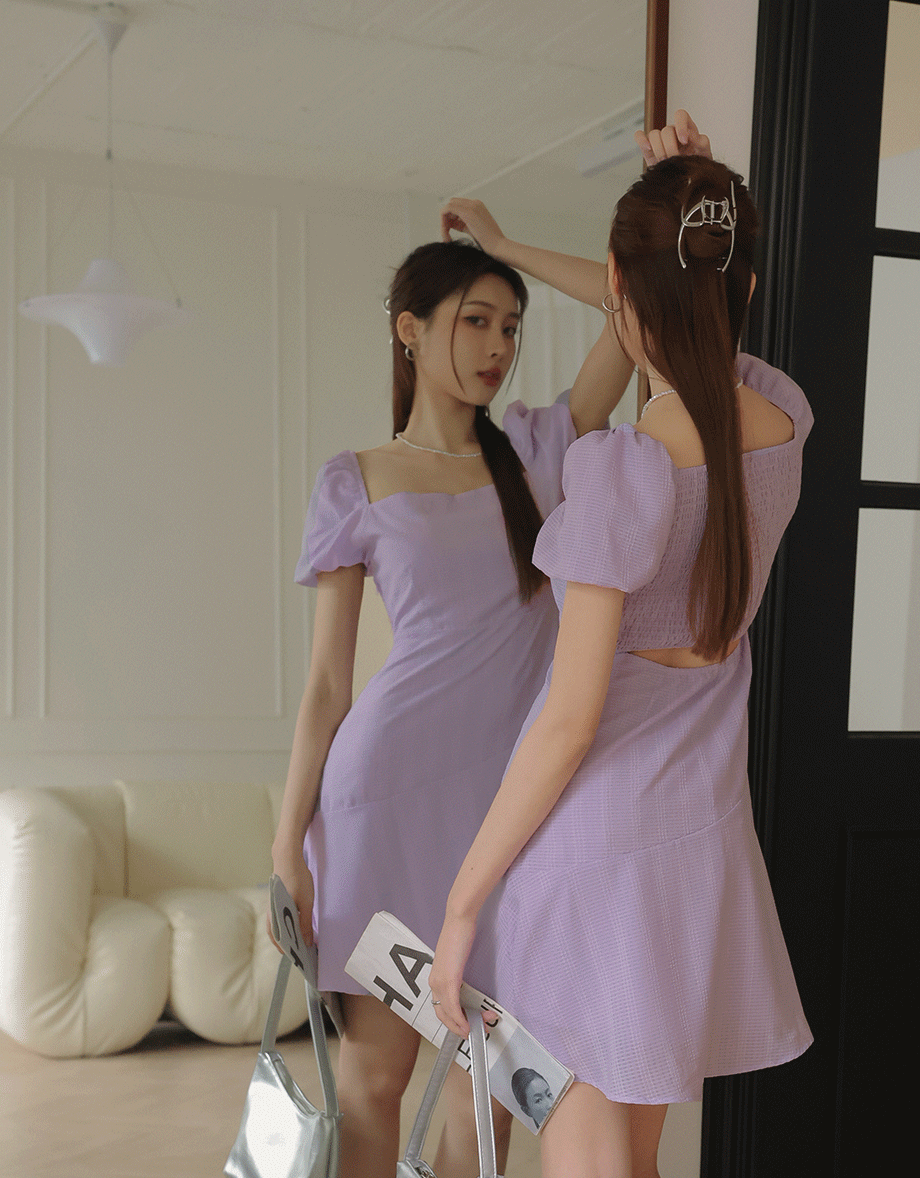 Square Neck Embossed Bubble Sleeve Mini Dress