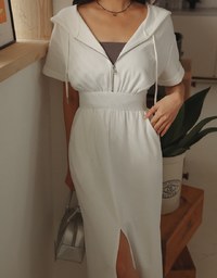 Casual Hooded Cinched Waist Split Maxi Dress