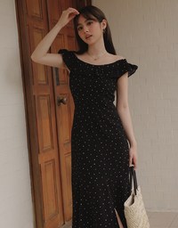 Off Shoulder Polka Dot Ruffle Slit Maxi Dress