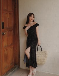 Off Shoulder Polka Dot Ruffle Slit Maxi Dress