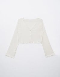 [HXA's Design] Embossed Ruffle Trimmed Button Up Top H06