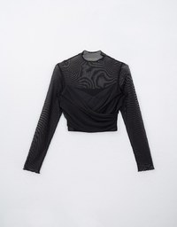 Half Turtleneck Sheer Mesh Patchwork Padded Top