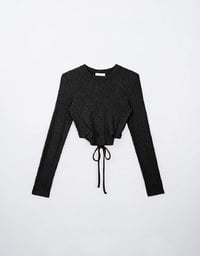 Long Sleeve Skinny Back Tie Round Neck Knitted Top