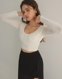 Double Push Long Sleeve U Neck Cropped Bra Top