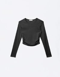 Cooling Lightweight Side Ruched Long Sleeve Fitted Ribbed Top