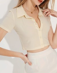 Cooling Button Up Polo Collared Fitted Cropped Top