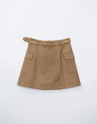 Faux Suede Double Pocket Mini Skirt (With Belt)