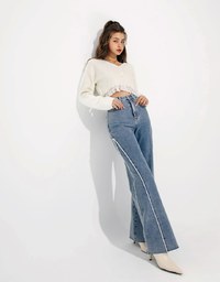 Vintage Fringe Distressed Jeans Denim High Waisted Wide Pants Culottes