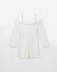 [Mercedes' Design] Pearl Embellished Shoulder Strap Sheer Padded Mini Dress