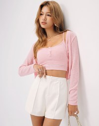 Basic Ribbed Knit Long Sleeve Cardigan and Thin Strap Cami Padded Top Set Wear