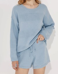 2 Piece Sweater Long Sleeve Ribbed Knit Tops and Drawstring Shorts Set Wear