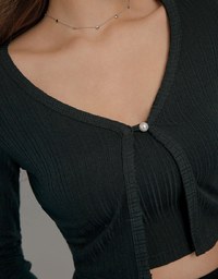 Pearl Button Knitted Fitted Cardigan With Solid Color Padded Bra Top Set Wear