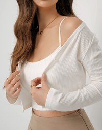 Pearl Button Knitted Fitted Cardigan With Solid Color Padded Bra Top Set Wear