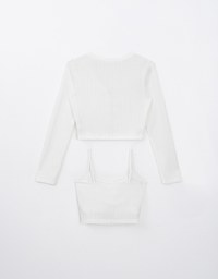 Pearl Button Knitted Fitted Cardigan With Solid Color Padded Bra Top Set Wear