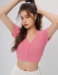 Fluffy Faux Fur Heart Button Knit Top