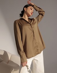 Satin Silk Long Sleeve Collared Loose Blouse