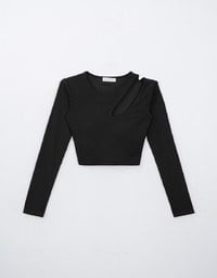 Cut Out Asymmetrical Neck Long Sleeve Ribbed Padded Top