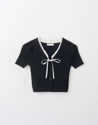 Lace Trim Knit Top With Ribbon Bow