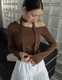 Solid Color Asymmetric Shoulder Top (With Removable Paddings and Scarf)